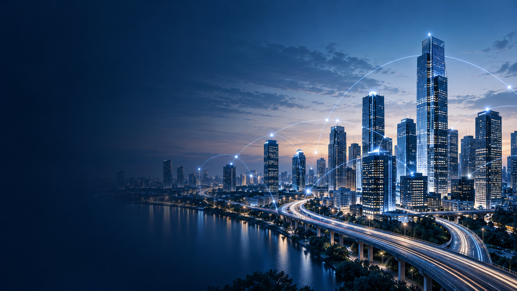 Connected modern city representing enterprise infrastructure, cloud connectivity, and multi-site network architecture
